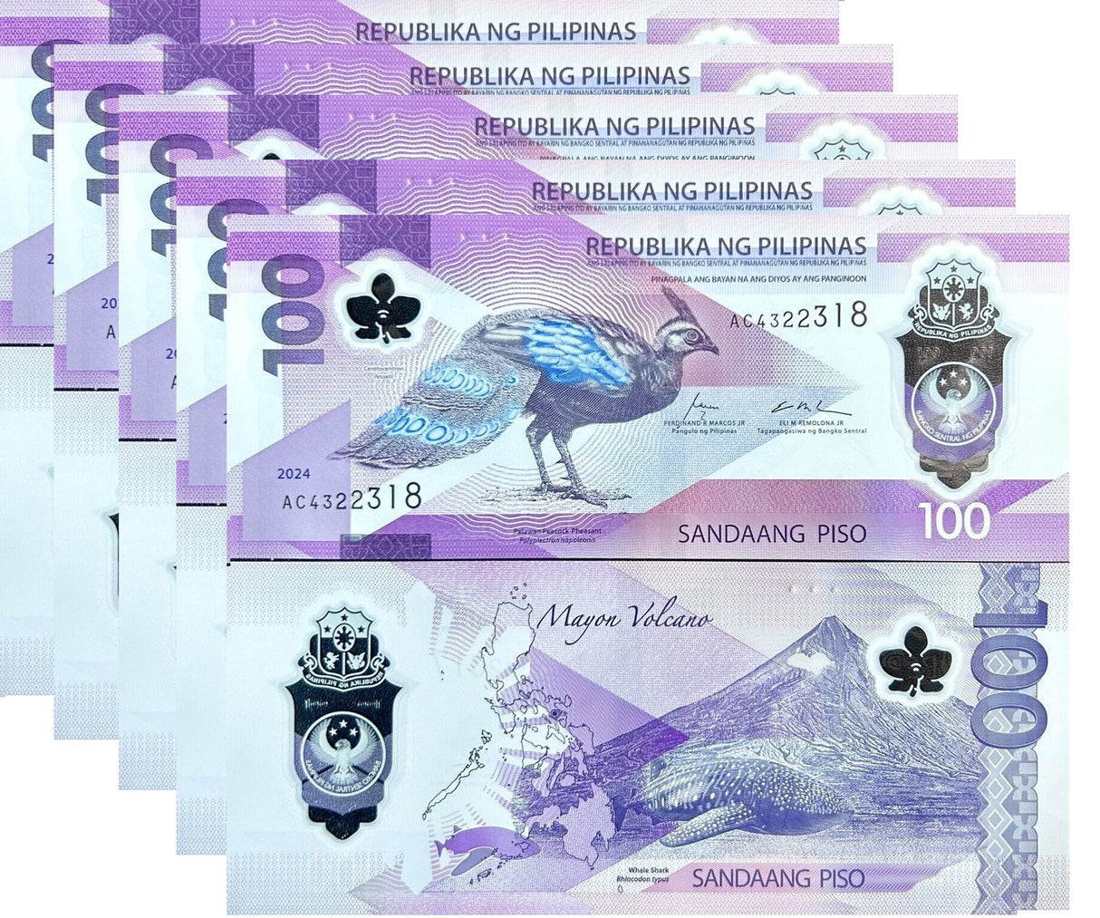 Philippines 100 Piso 2025/2024 Peacock Whale Polymer P 238 LOT 5 UNC