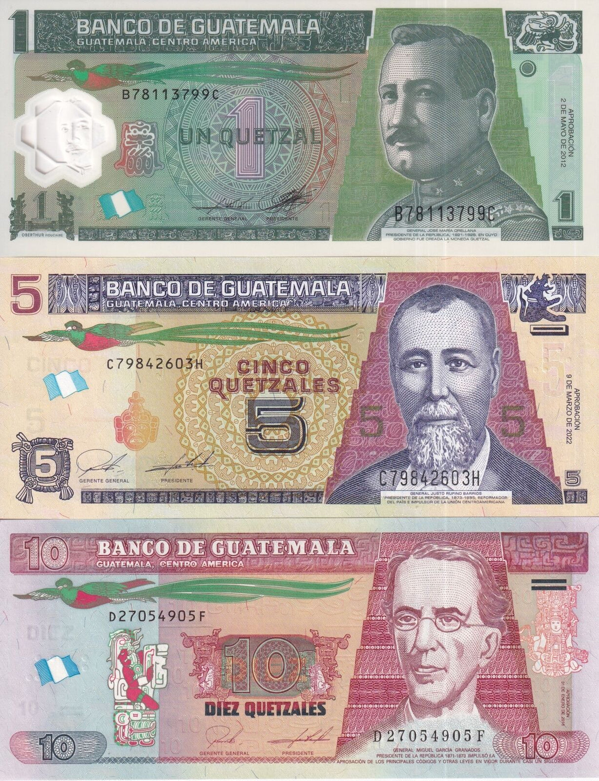 Guatemala Set 3 PCS 1 5 10 Quetzales Random Date P 115 P 122 P 123 UNC