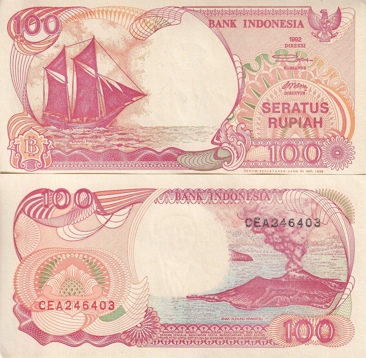 Indonesia 100 Rupiah 1992/Random Year P 127 UNC , BOAT,Pinisi ,Krakatau volcano