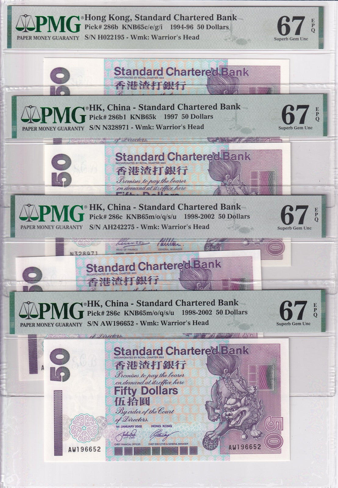 Hong Kong SET 4, 50 HKD 1995 1997 2000 2002 P 286 SCB Superb Gem UNC PMG 67 EPQ