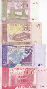 Pakistan Set 4 Pcs 10 20 50 100 Rupees RANDOM DATE P 45 46 47 48 UNC
