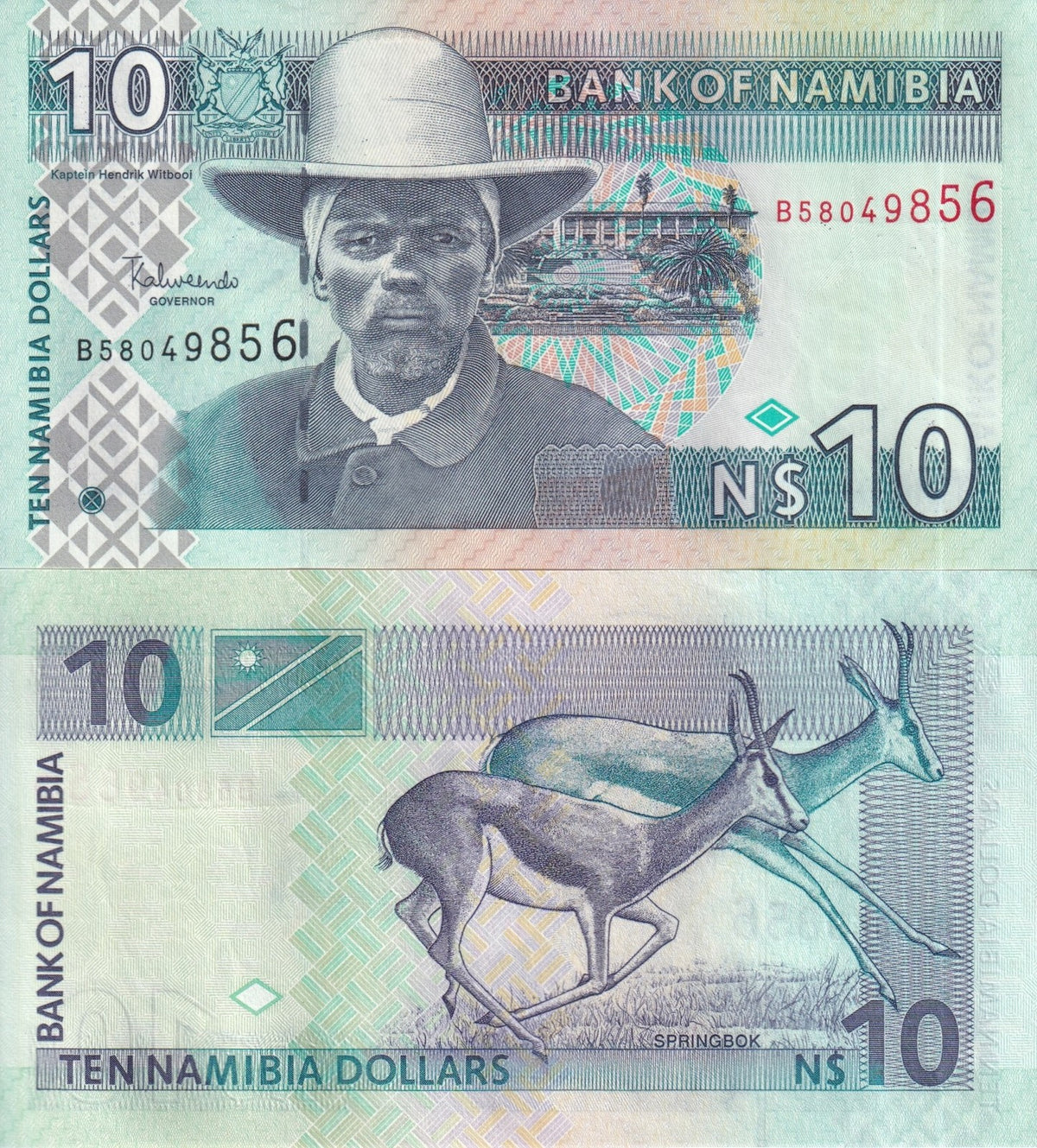 Namibia 10 Dollars ND 2001 P 4 c UNC , Windhoek , Springbok Ascending size #