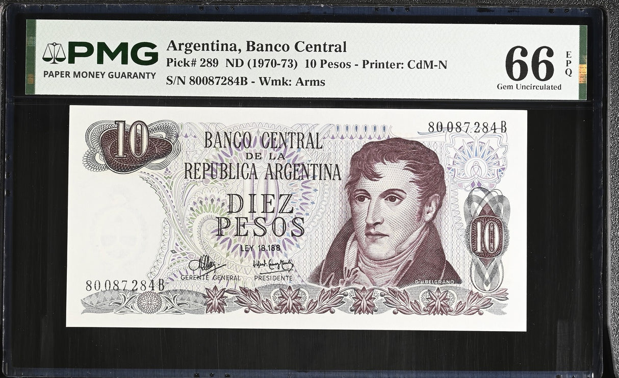 Argentina 10 Pesos ND 1970-73 P 289 Gem UNC PMG 66 EPQ