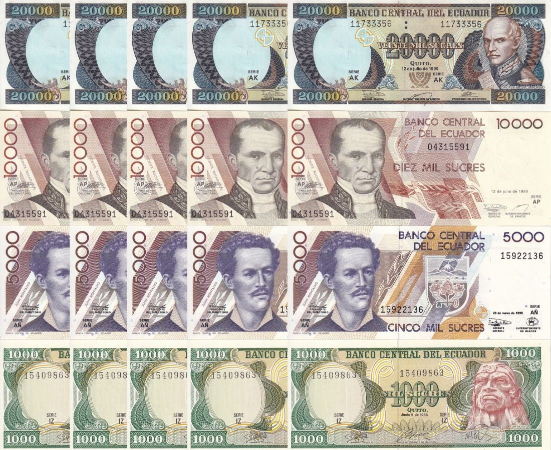 Ecuador Set4 xLot 5 UNC 1000 5000 20000 50000 Sucres 1988 1999 P 125 127 128 129