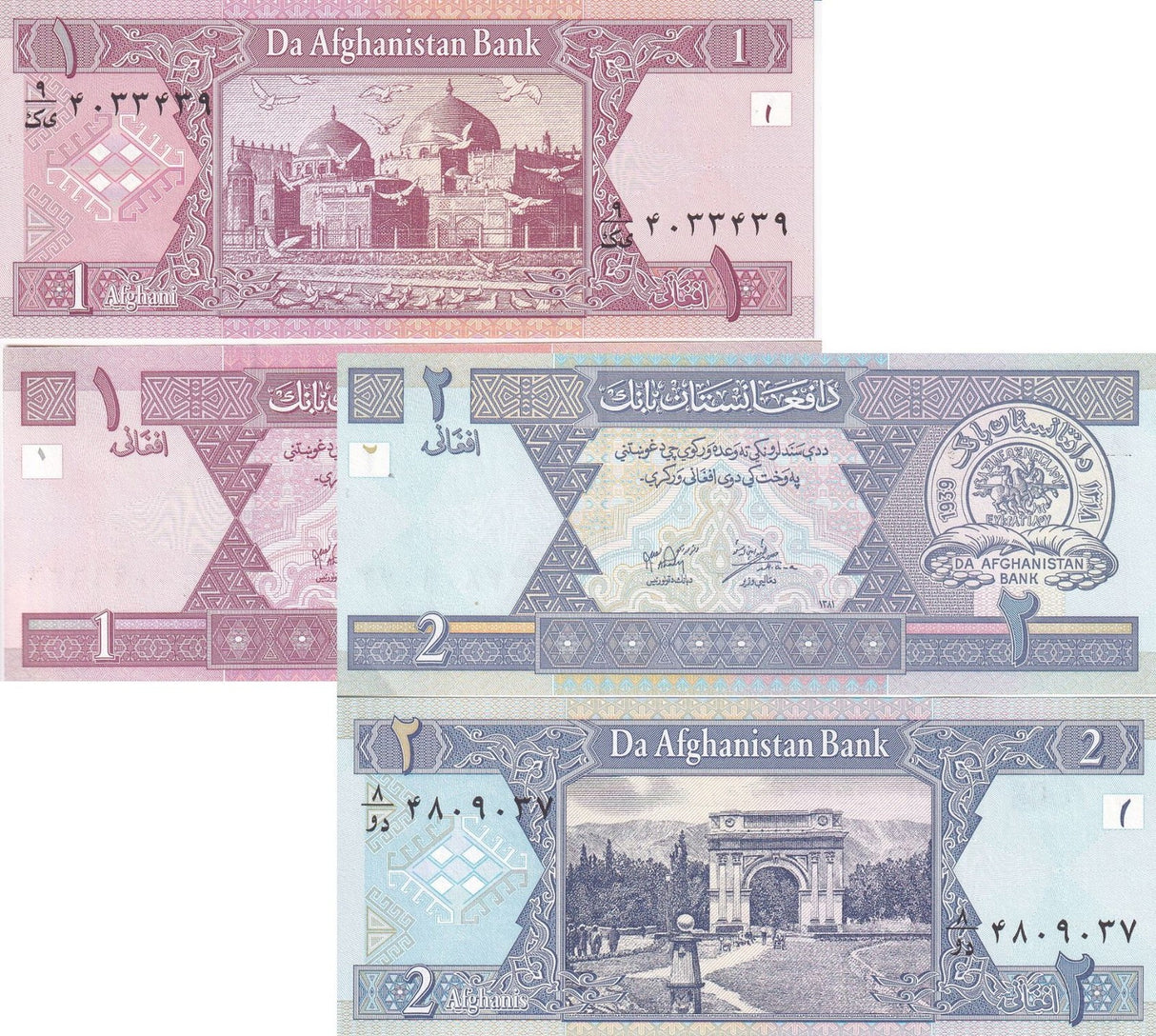 Afghanistan Set 2 UNC 1 2 Afghanis ND 2002 P 64 65
