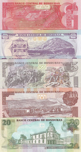Honduras Set 5 Pcs 1 2 5 10 20 Lempiras Random Date P 96 97 98 99 100 UNC