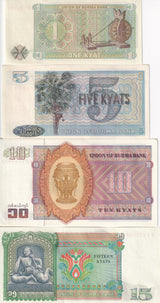 Burma Myanmar SET 4 Pcs 1 5 10 15 Kyats ND 1972-1986  1973 P 56 57 58 62 AU-UNC