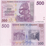 Zimbabwe 500 Dollars 2007 Prefix AA P 70 UNC