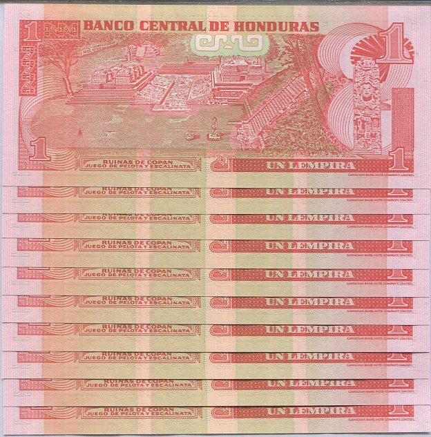 Honduras 1 Lempira 2006 P 84 e UNC LOT 10 PCS ,Pelota game arena, ruins of Copan