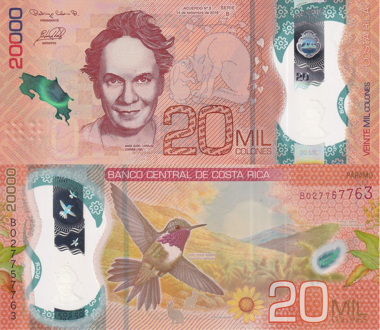 Costa Rica 20000 Colones 2018 ND 2020 P 284 Polymer UNC ,Sunflower ,Hummingbird