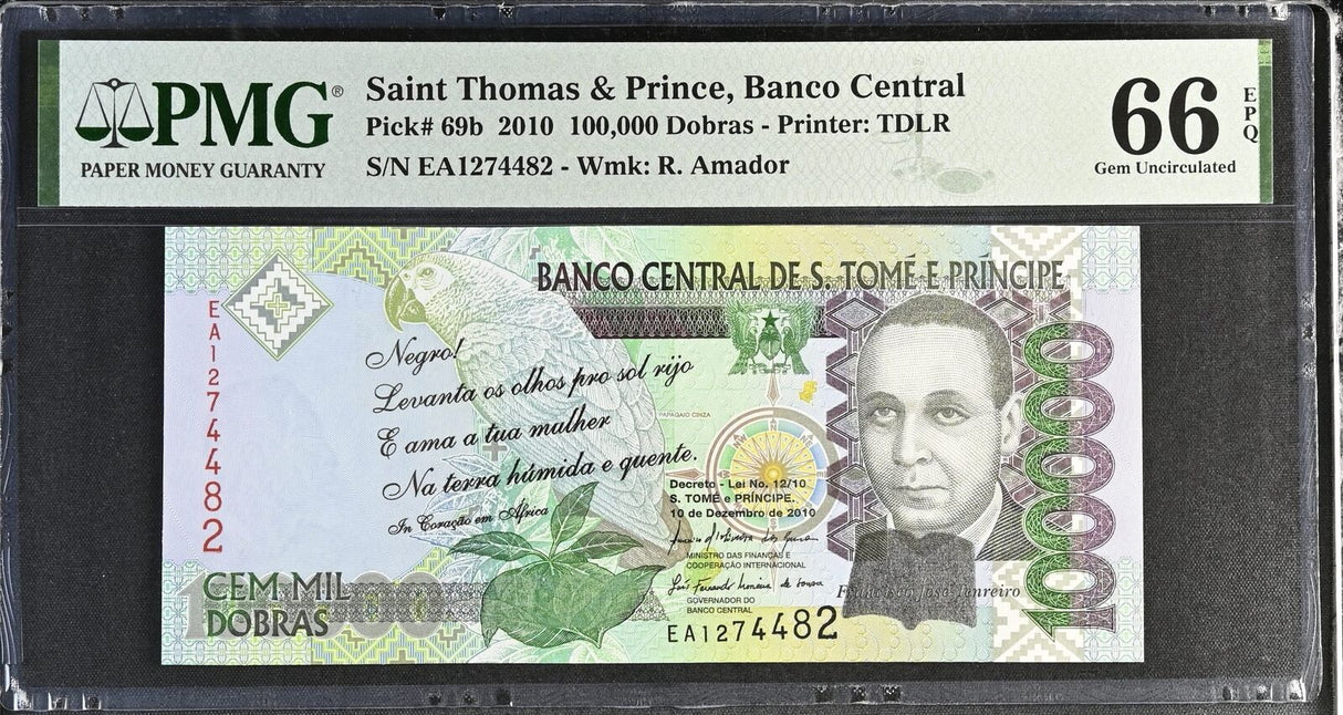 Saint Thomas & Prince 100000 Dobras 2010 P 69 b Gem UNC PMG 66 EPQ