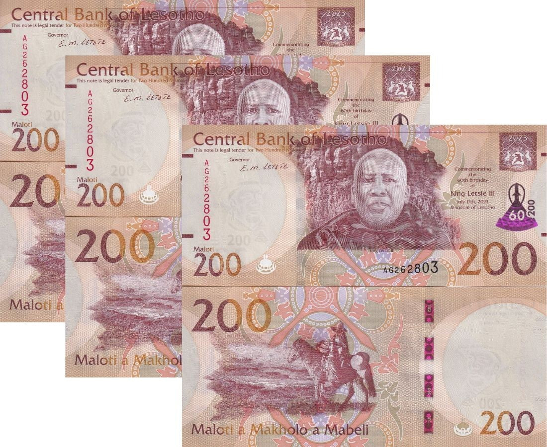 Lesotho 200 Maloti 2023 P 31 Comm. UNC 60th Birthday King Letsie III LOT 3 PCS