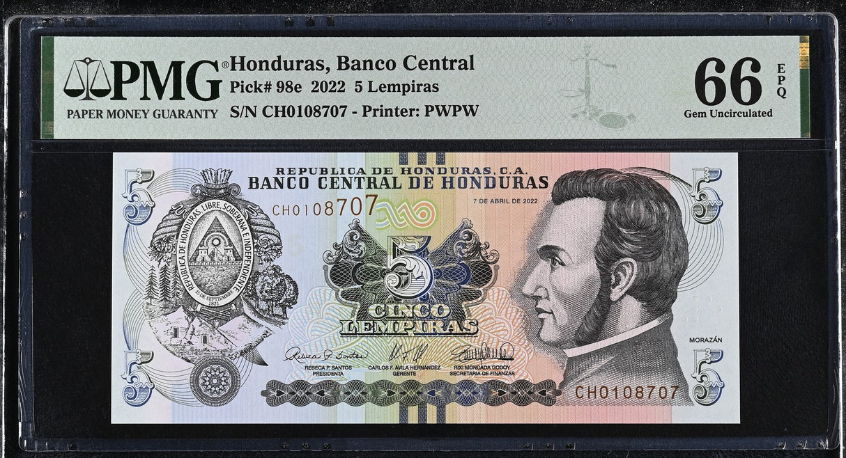 Honduras 5 Lempiras 2022 P 98 e Gem UNC PMG 66 EPQ