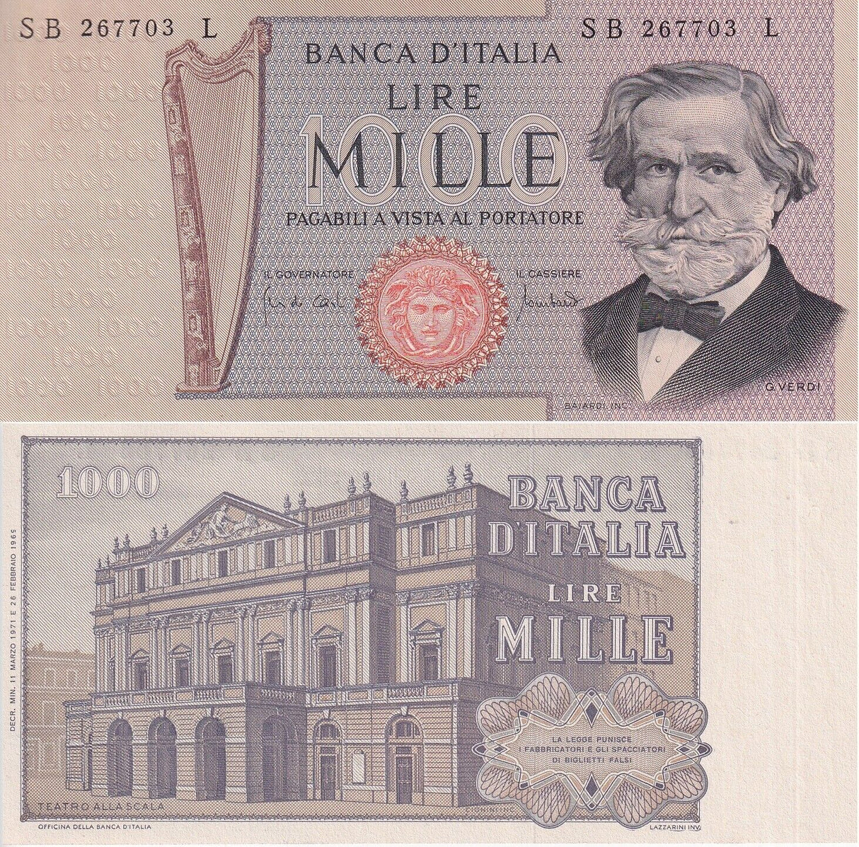 Italy 1000 Lire 1971 P 101 b UNC