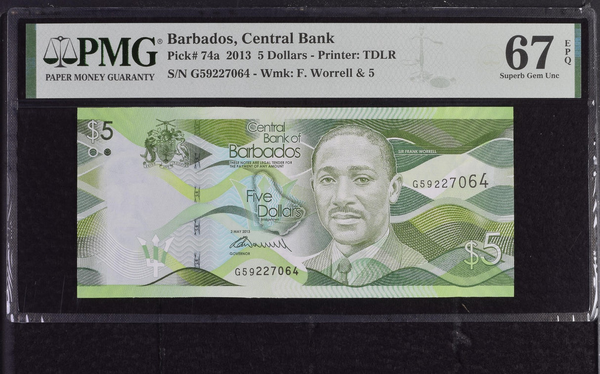 Barbados 5 Dollars 2013 P 74 a Superb Gem UNC PMG 67 EPQ
