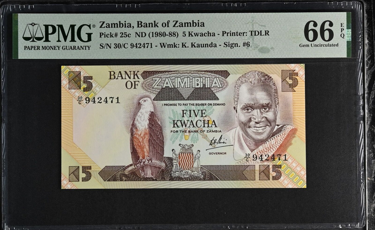 Zambia 5 Kwacha ND 1980-1988 P 25 c Gem UNC PMG 66 EPQ