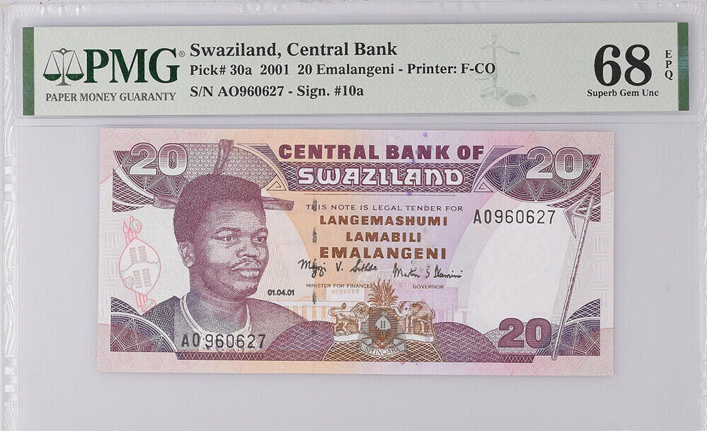 Swaziland 20 Emalangeni 2001 P 30 a Superb Gem UNC PMG 68 EPQ
