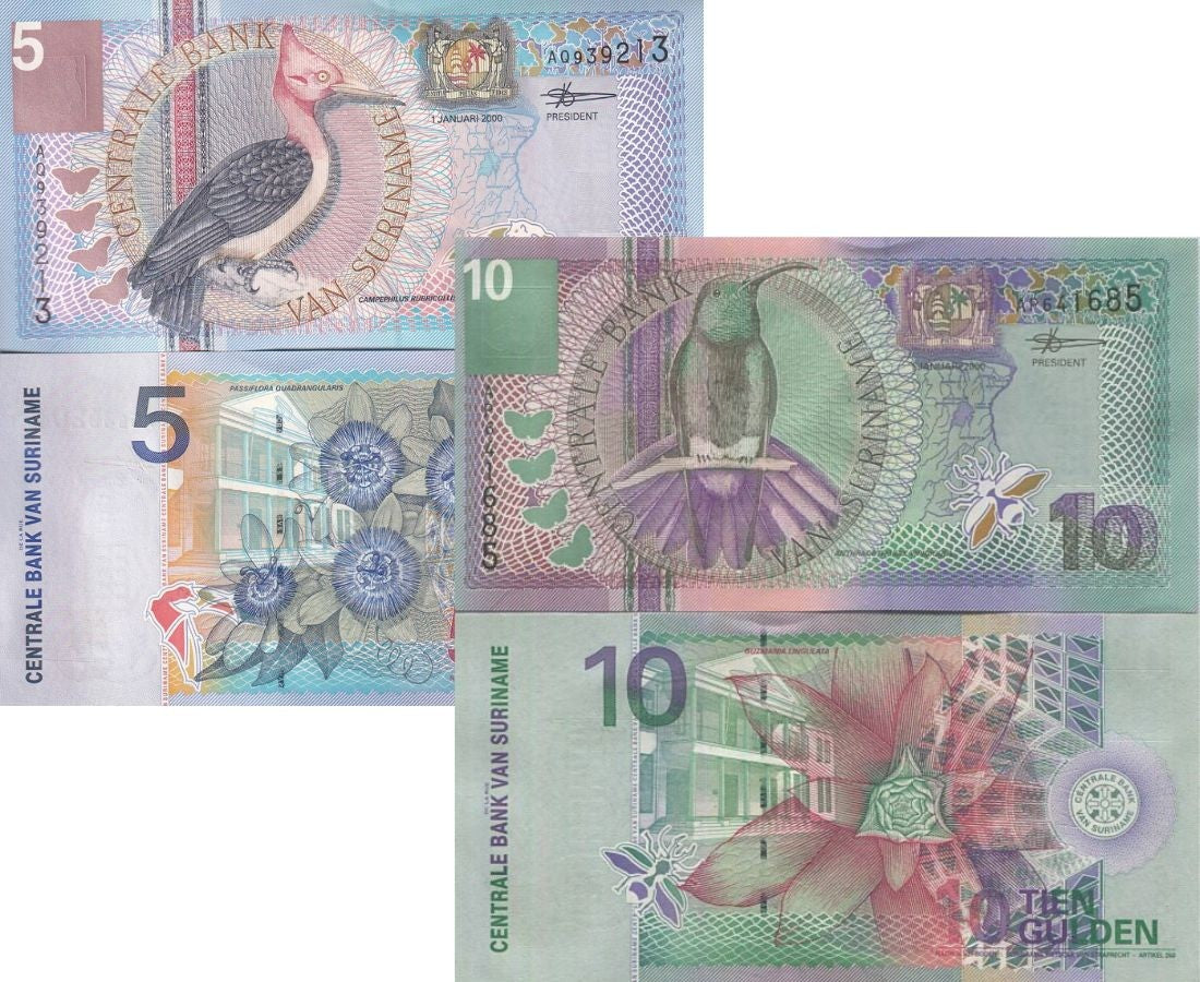 Suriname SET 2 UNC 5 10 Gulden 2000 P 146 147 Birds