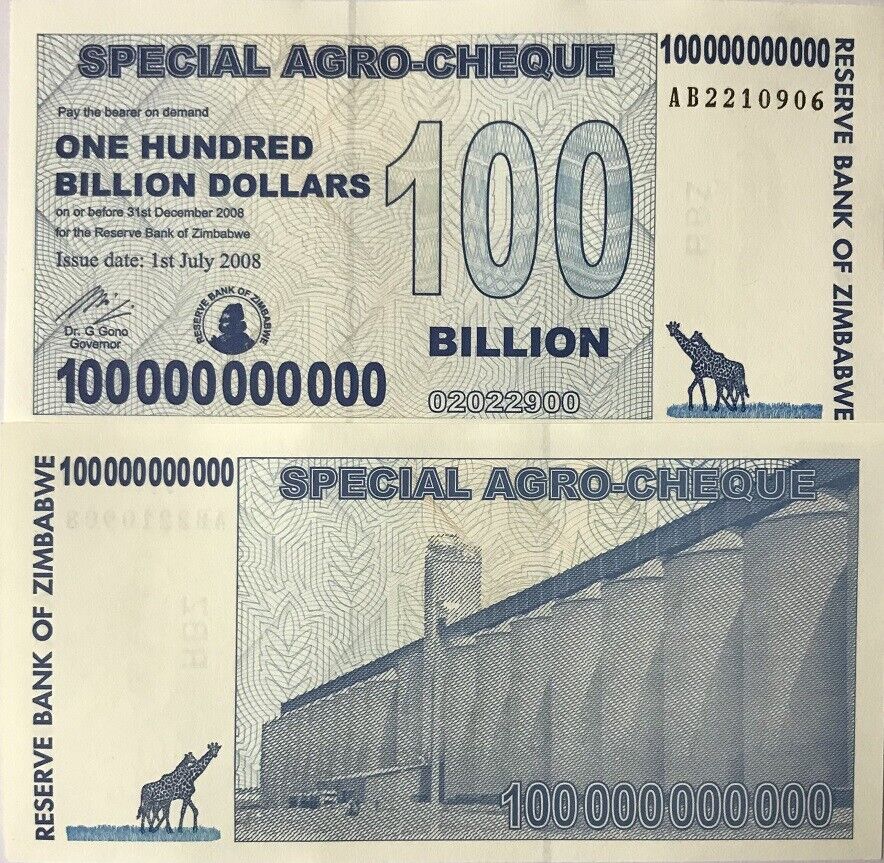 Zimbabwe 100 Billion Dollars 2008 Special Argo-Cheque P 64 AUnc