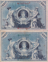 Germany SET 2 , 100 Mark 1908 Green + Red Seal P 33 34 Fine Used Circulated