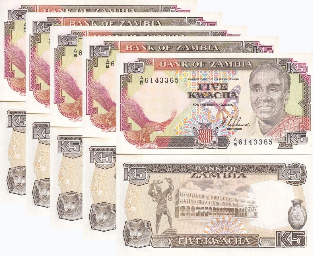 Zambia 5 Kwacha 1989 P 30 UNC W/Tone LOT 5 PCS