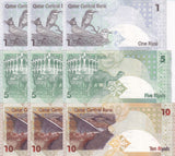 Qatar Set 3 x Lot 3 = 9 UNC 1 5 10 Riyal ND Random Sign P 28 29 30 UNC