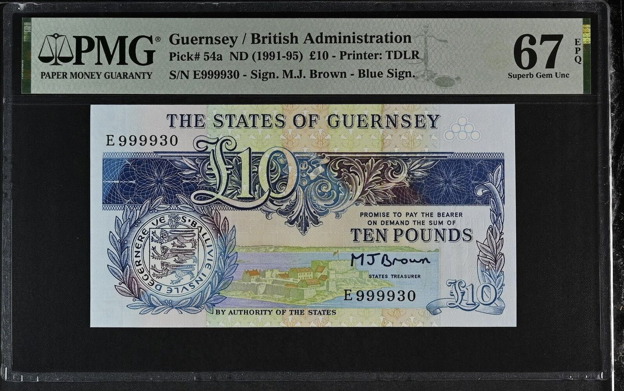 Guernsey 10 Pounds ND 1991-1995 P 54 Nice 999930 Superb Gem UNC PMG 67 EPQ
