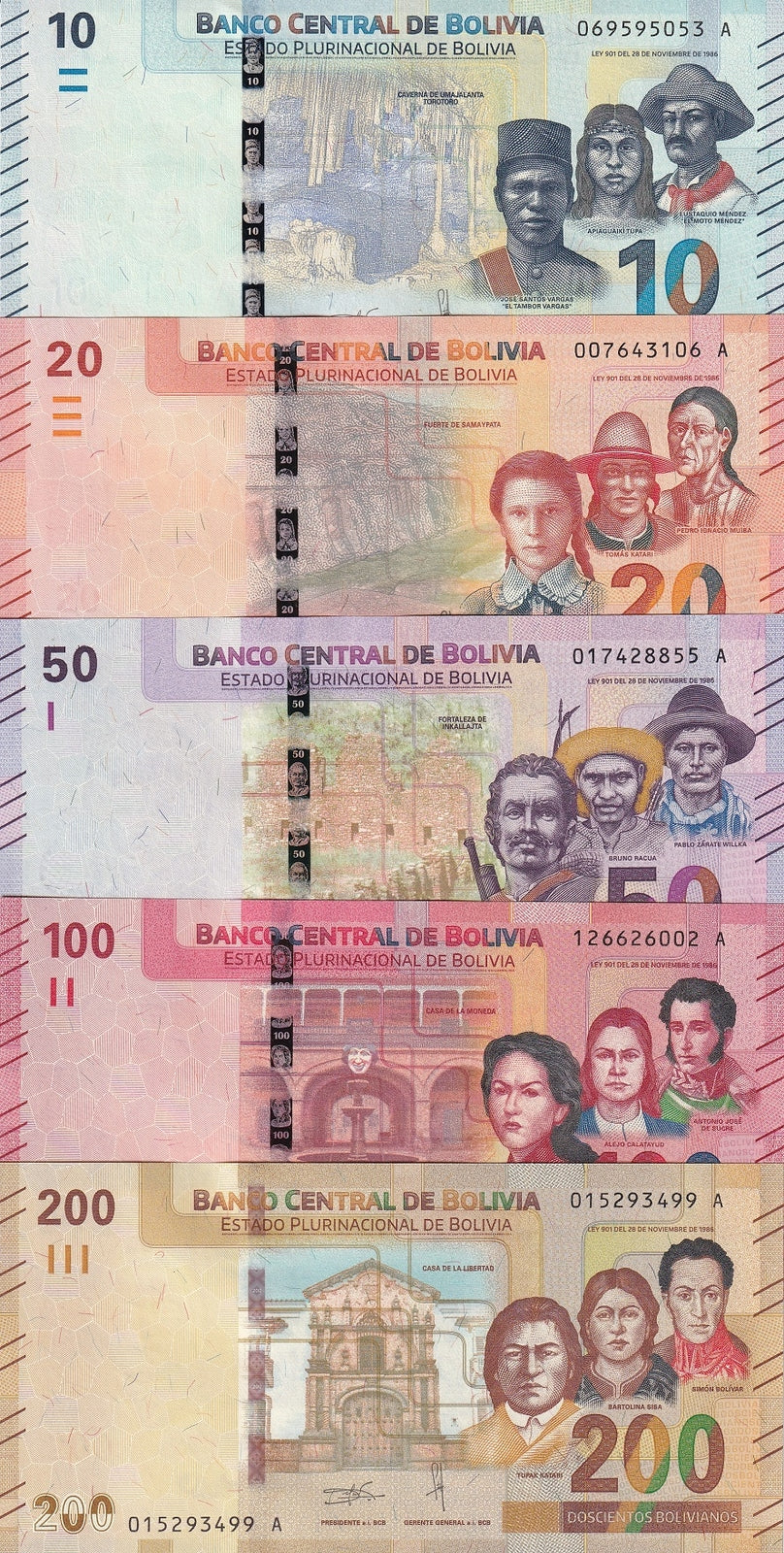 Bolivia SET 5 UNC 10 20 50 100 200 Bolivianos 2018 P 248 249 250 251 252
