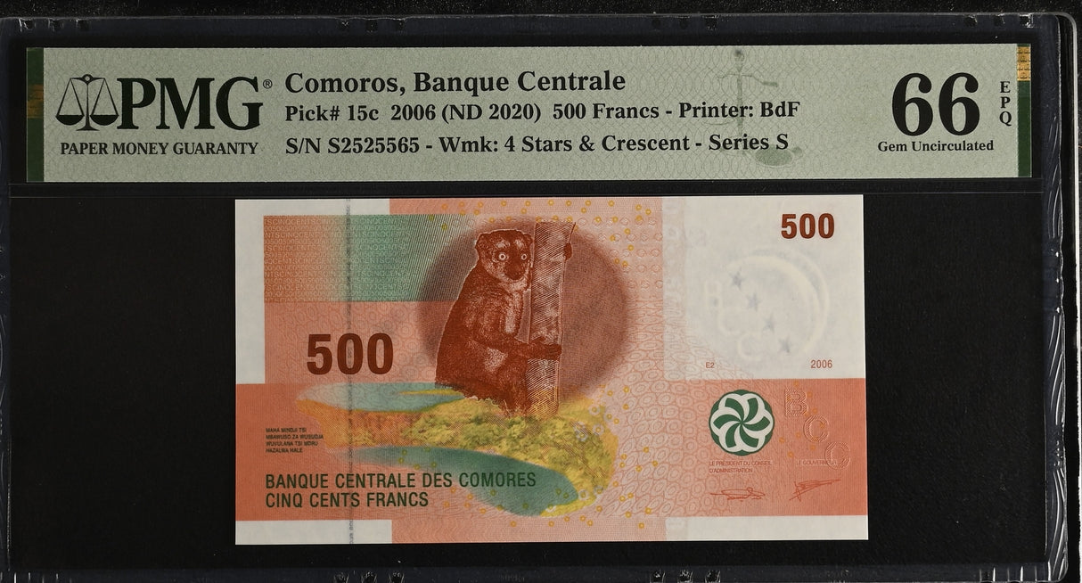 Comoros 500 Francs 2006 ND 2020 P 15 c Gem UNC PMG 66 EPQ