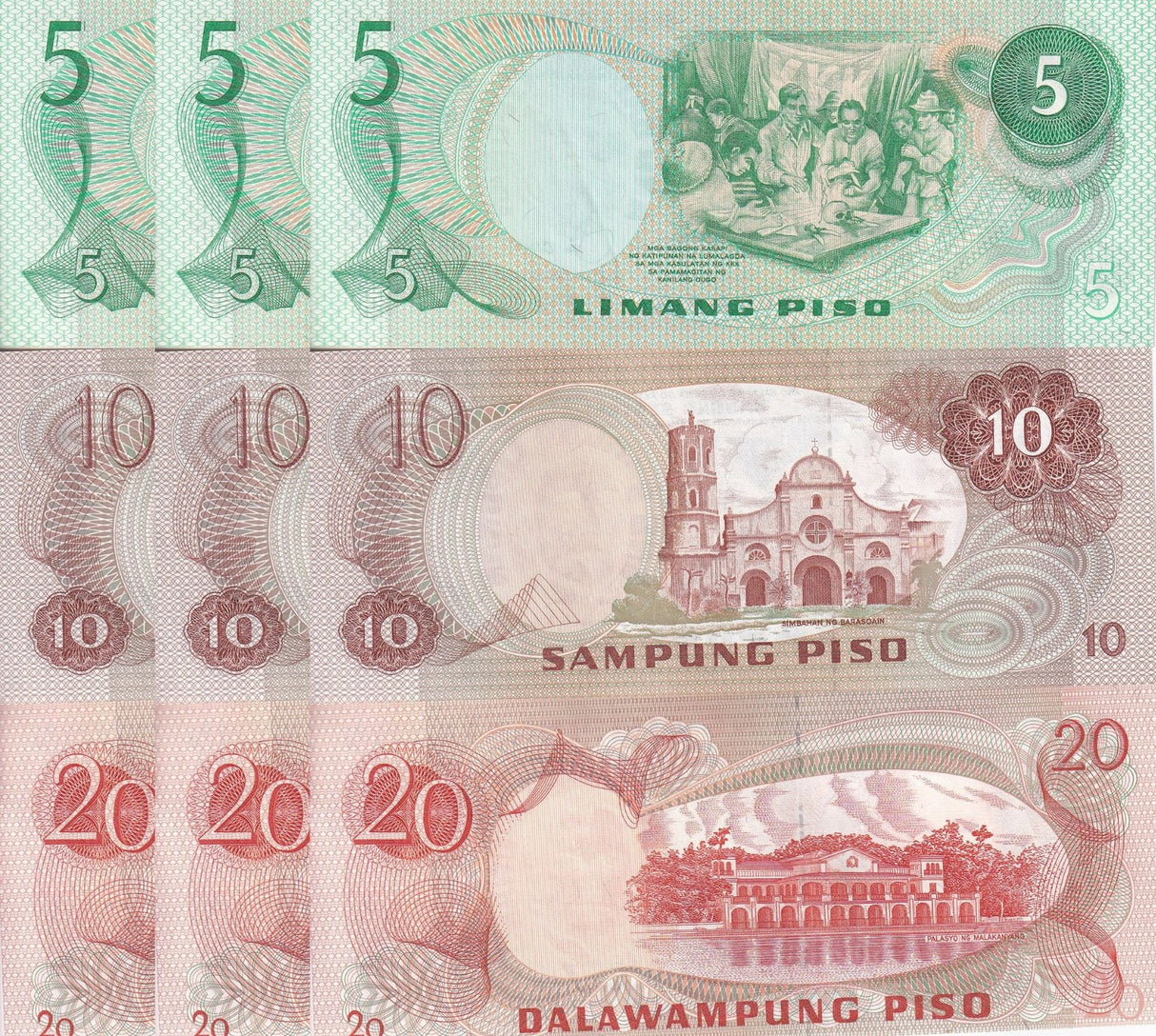 Philippines Set 3 x Lot 3 = 9 UNC 5 10 20 Piso ND 1978 P 160 161 162
