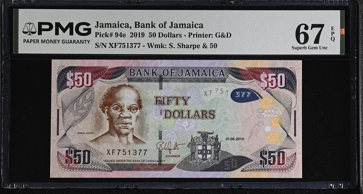 Jamaica 50 Dollars 2019 P 94 e Superb Gem UNC PMG 67 EPQ ,Printer G&D