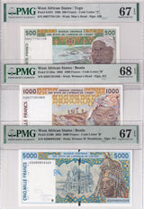 West African ST Set 3; 500 1000 5000 Fr. 1998-2002 Superb Gem UNC PMG 67 68 EPQ