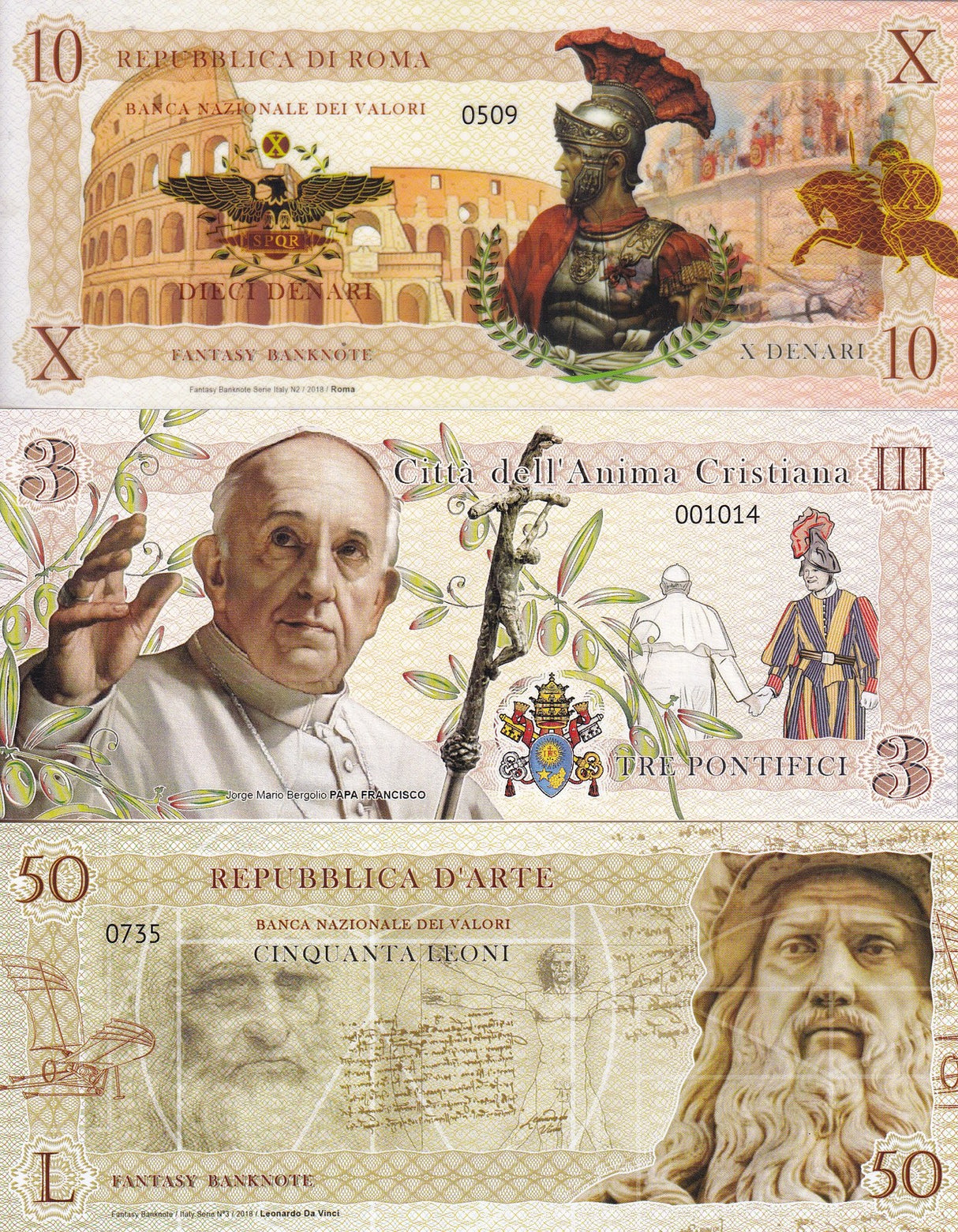 Italy Fantasy SET 3 Pcs 10 50 2018 Pope Francisco Rome Da Vinci Paper Polymer