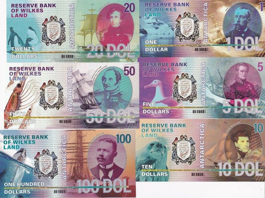 Earth Wilkes Set 6 1 5 10 20 50 100 Dollars 2021 polymer Antarctica Fa ...