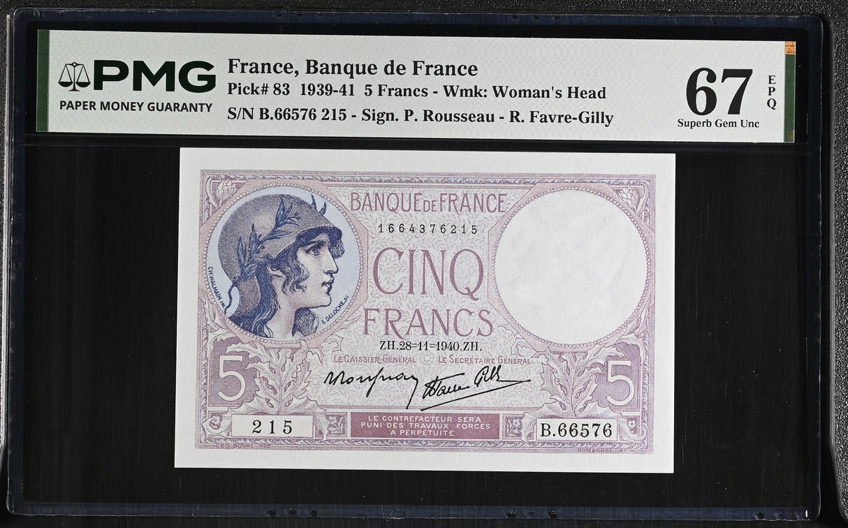 FRANCE 5 FRANCS 1940 P 83 Superb Gem UNC PMG 67 EPQ TOP POP