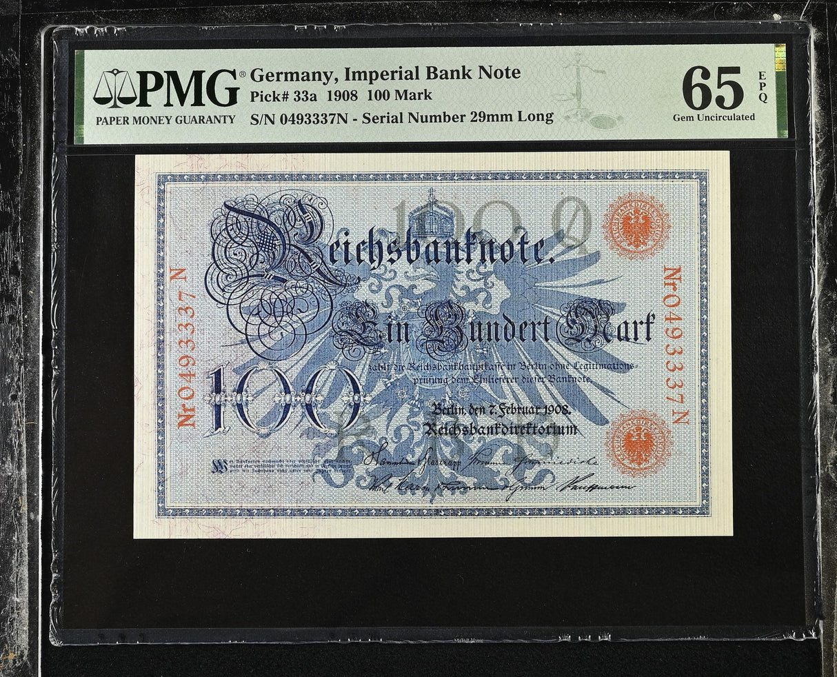 Germany Reichsbank 100 Mark 1908 P 33 a Gem UNC PMG 65 EPQ