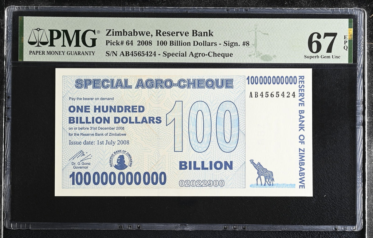 Zimbabwe 100 Billion Dollars 2008 P 64 Superb Gem UNC PMG 67 EPQ