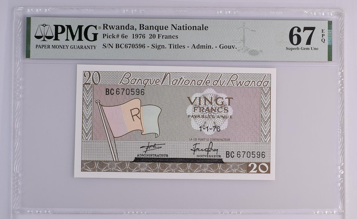 Rwanda 20 Francs 1976 P 6 e Superb Gem UNC PMG 67 EPQ