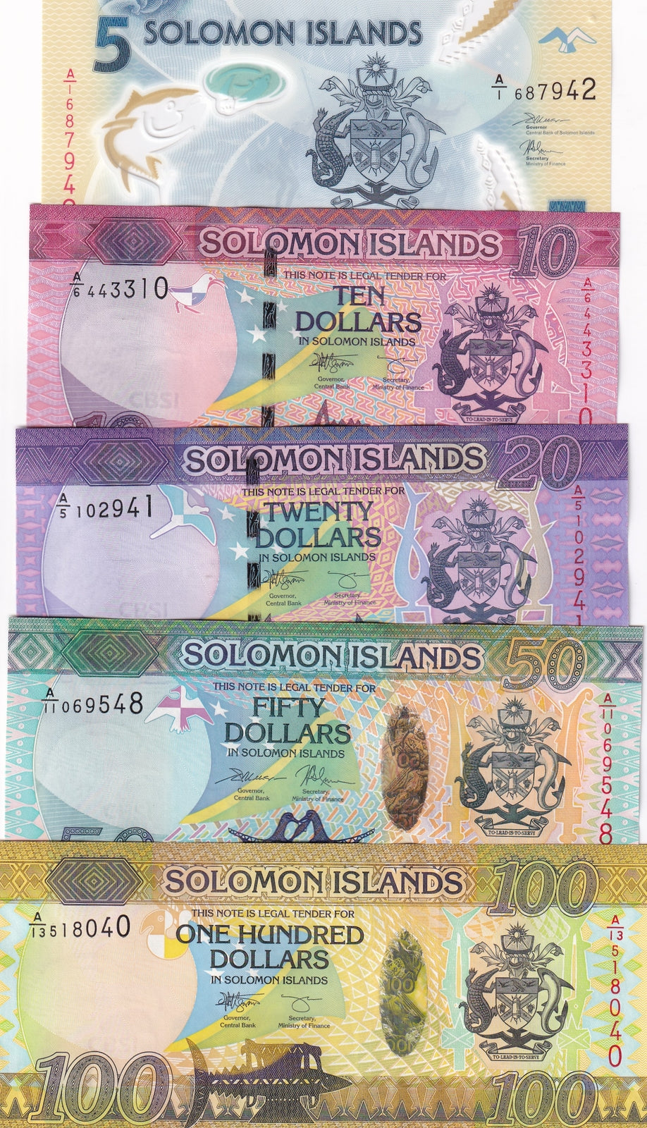Solomon Islands Set 5 UNC 5 10 20 50 100 Dollars 2013-2023 Polymer P 33-36 38