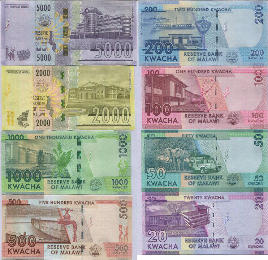 Malawi Set 8 UNC 20 50 100 200 - 1000 2000 (YELLOW) 5000 Random Date P 63- 69 71