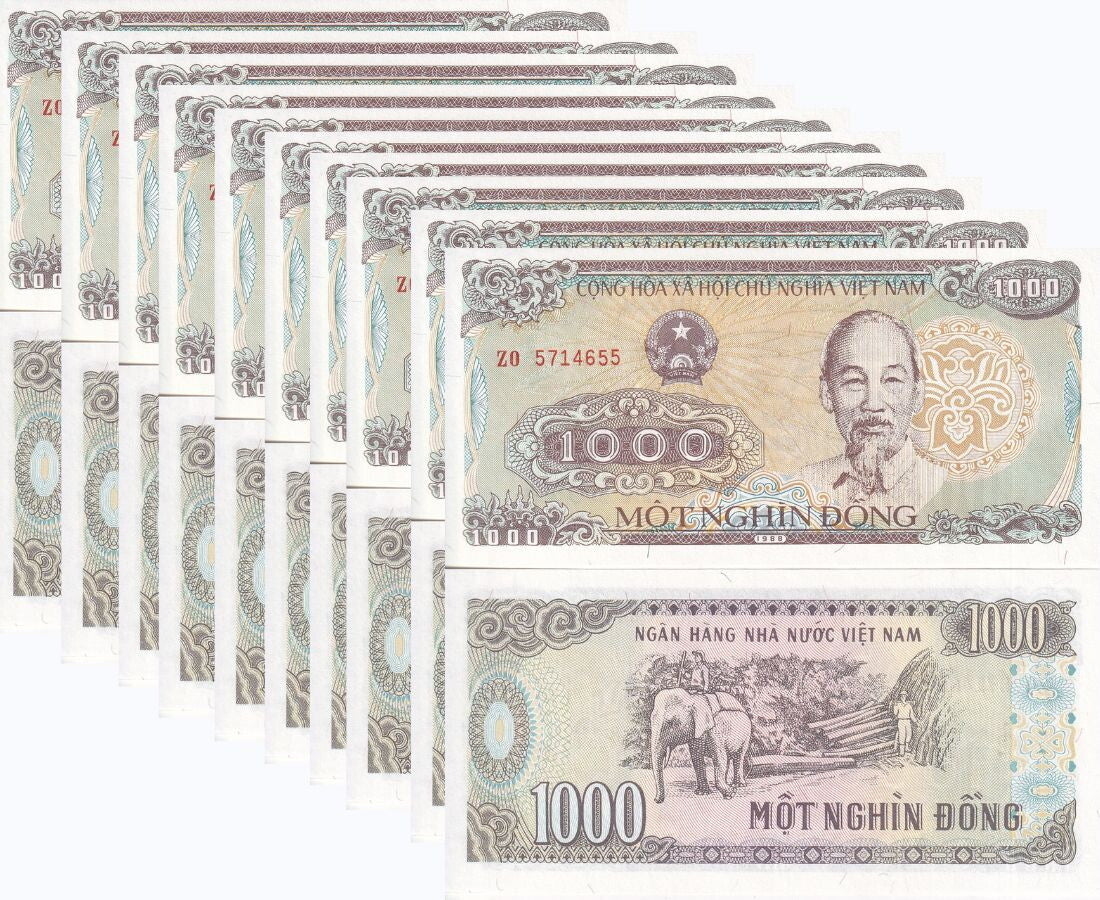Vietnam 1000 Dong 1988 P 106 UNC Lot 10 Pcs Elephant, logging Ho Chi Minh