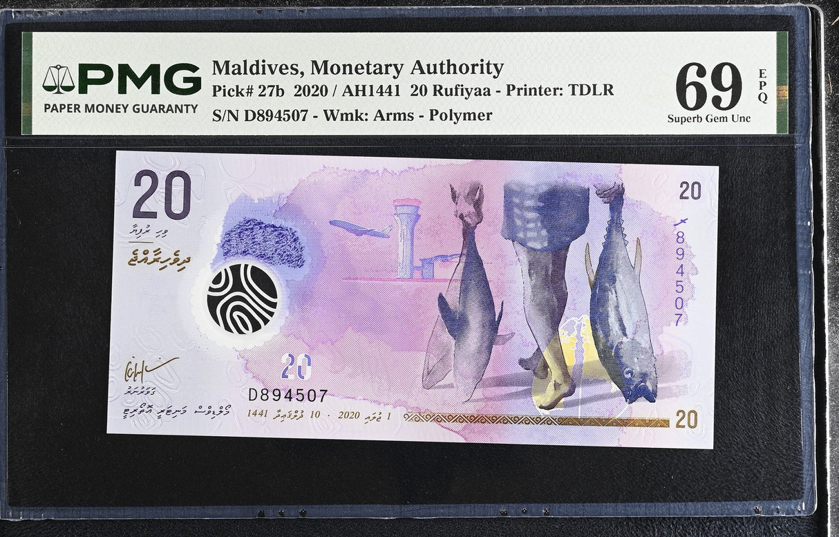 Maldives 20 Rufiyaa 2020 P 27 b Polymer Superb Gem UNC PMG 69 EPQ