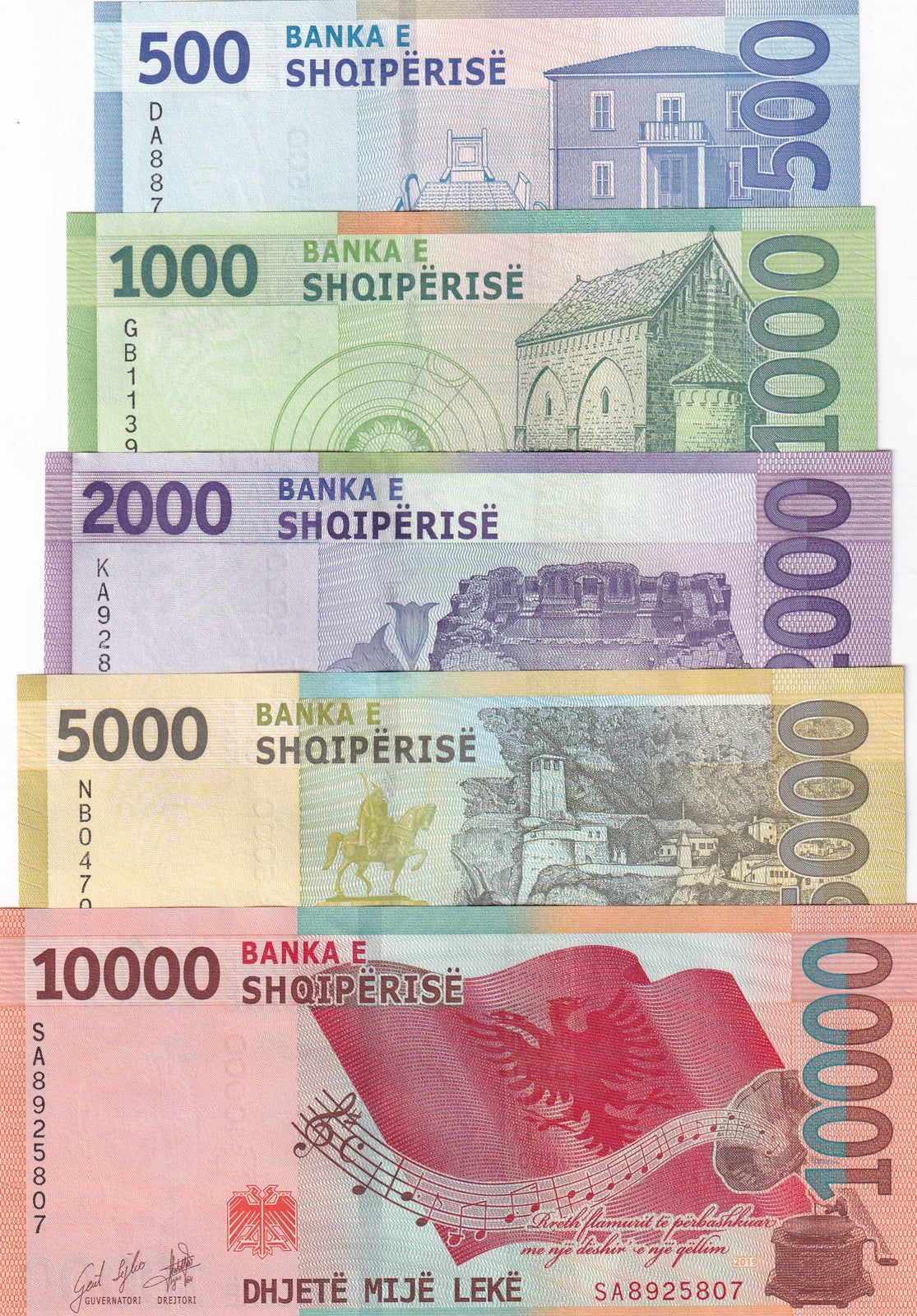 Albania Set 5 UNC 500 1000 2000 5000 10000 Leke 2017-2020 P 77 78 79 80 81