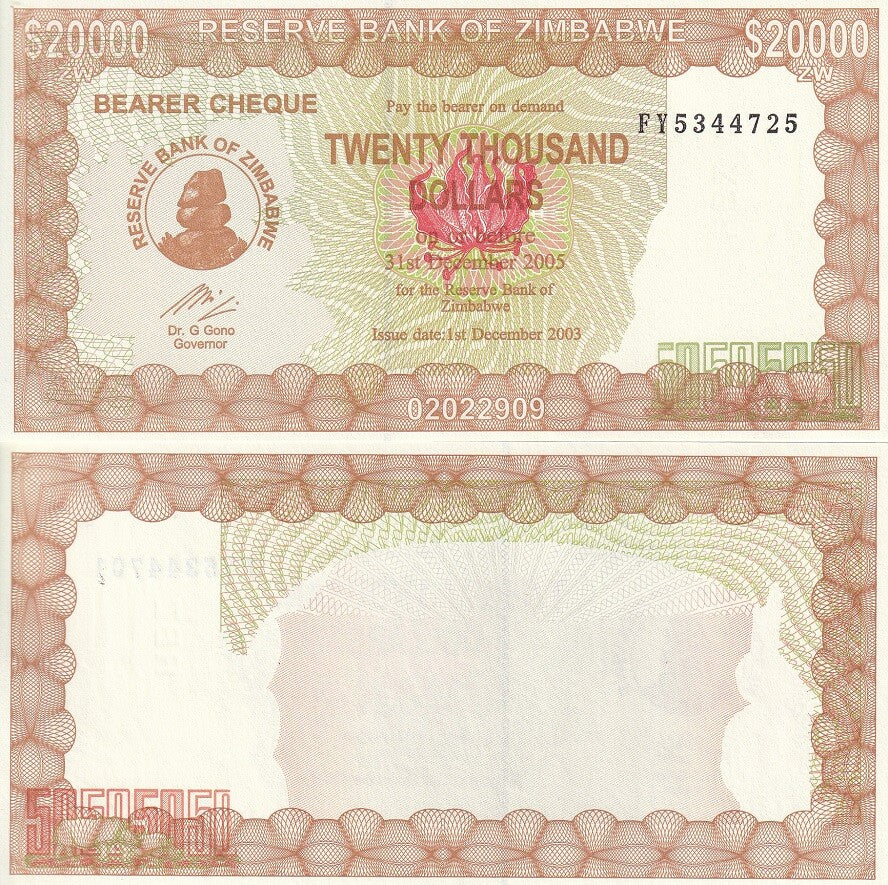 Zimbabwe 20000 Dollars 2003/2005 Bearer Cheque P 23 AUnc