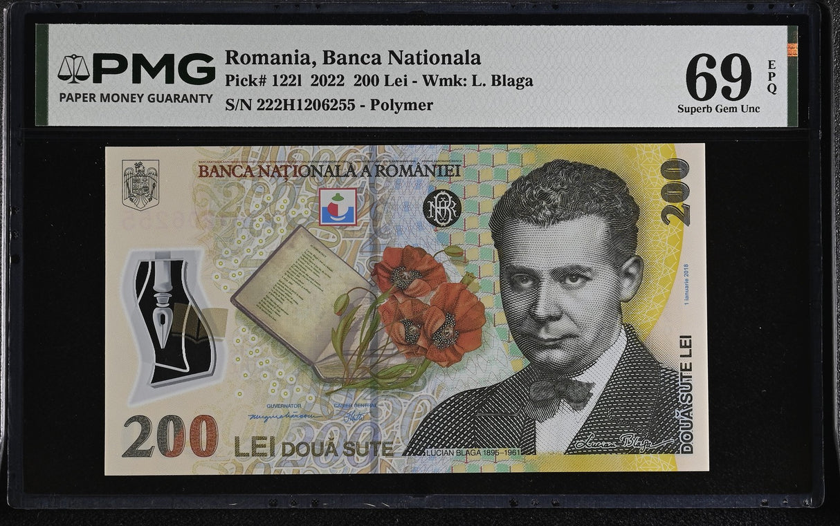 Romania 200 Lei 2022 P 122 l Polymer Superb Gem UNC PMG 69 EPQ