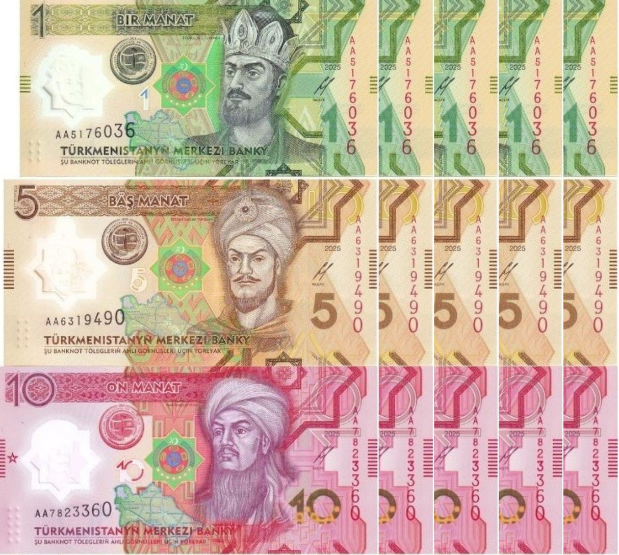 Turkmenistan Set 3 x Lot 5 = 15 UNC 1 5 10 Manat 2025 / 2026 POLYMER P New