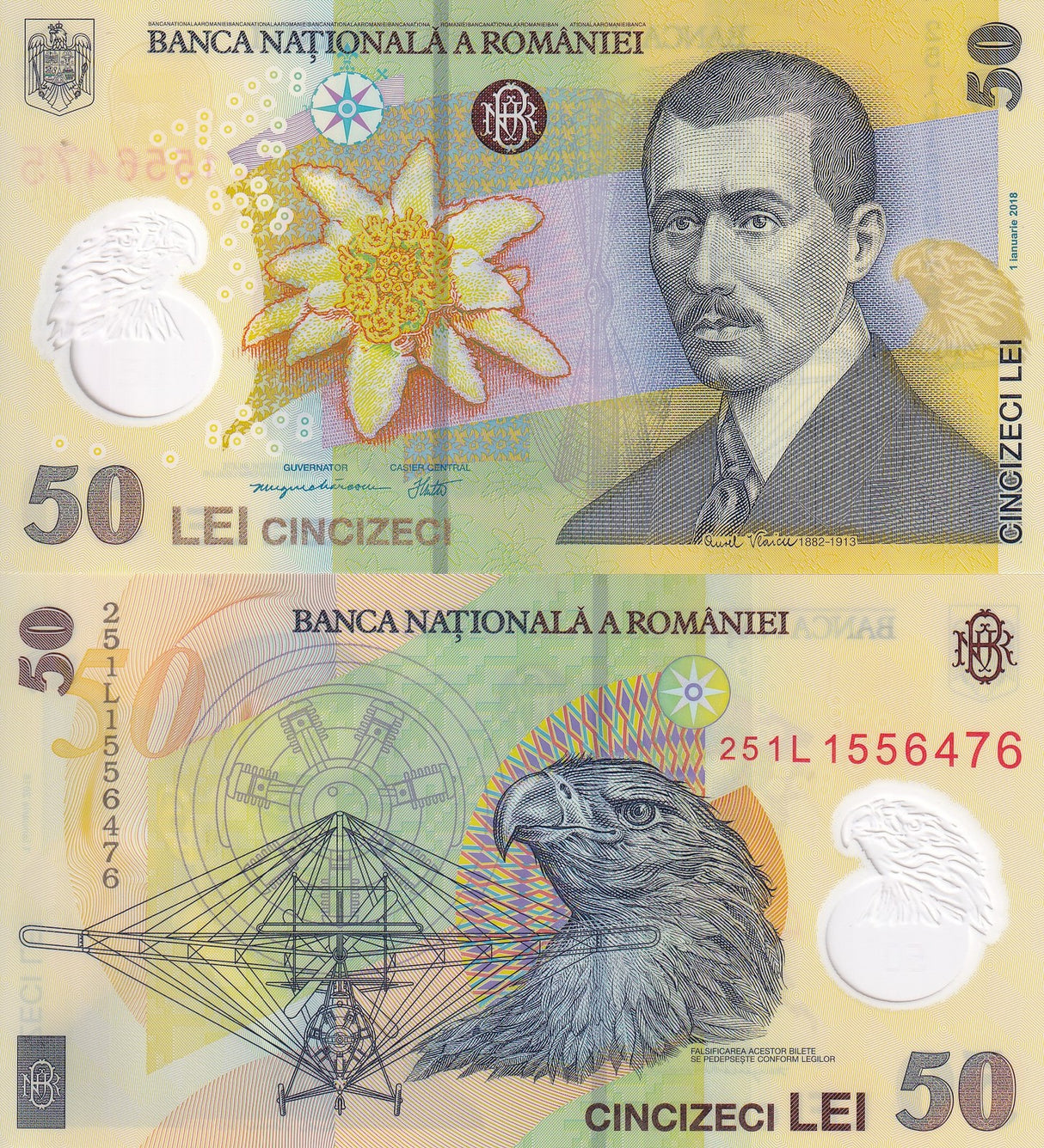 Romania 50 Lei 2018/2025 P 120 Polymer UNC ,Vlaicu's airplane, eagle