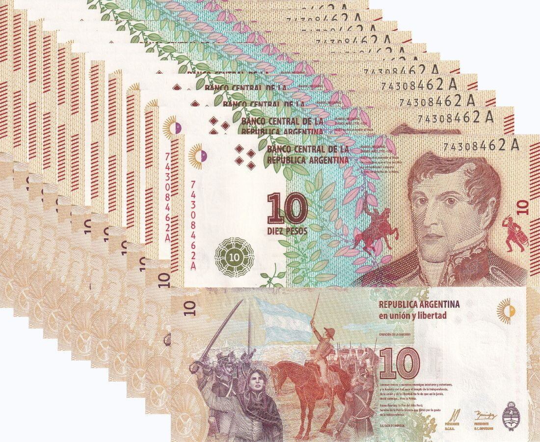 Argentina 10 Pesos ND 2016 P 360 Series A UNC LOT 10 PCS