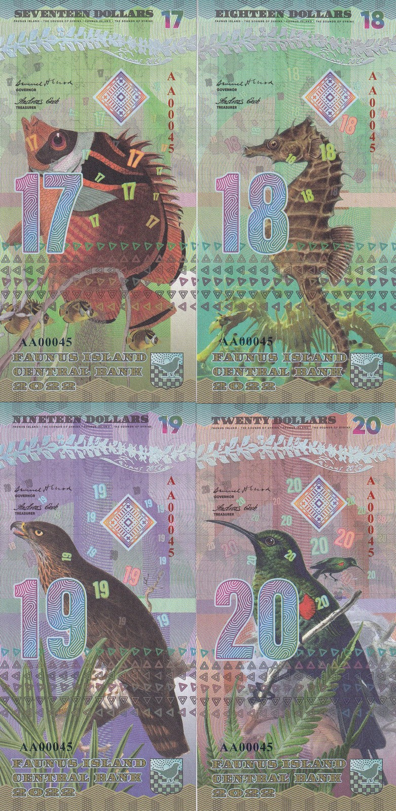 Faunus Island Set 4, 17 18 19 20 Dollars 2022 SEAHORSE, Fish Fantasy