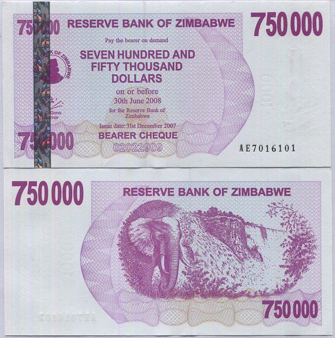 Zimbabwe 750000 Dollars Bearer Cheque 2007 P 52 UNC
